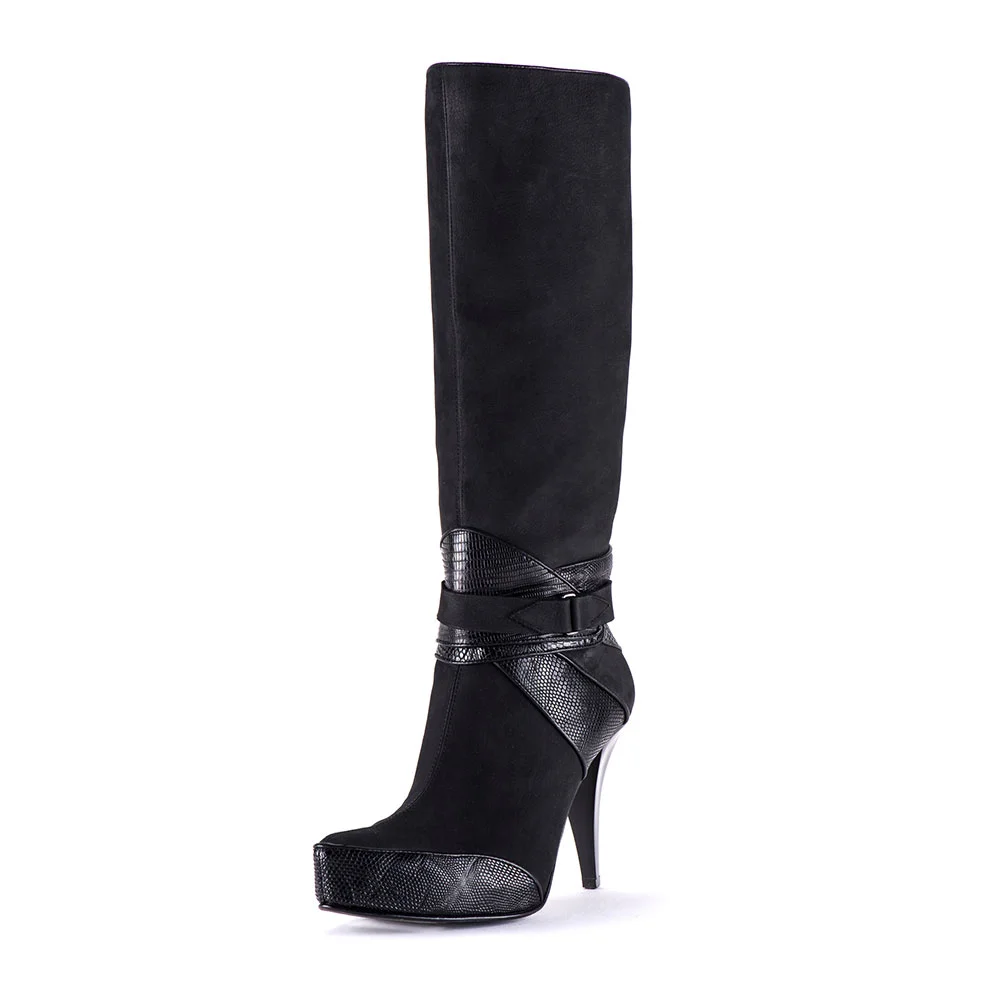 Black Closed Toe Cone Heel Knee-High Platform Boots Women