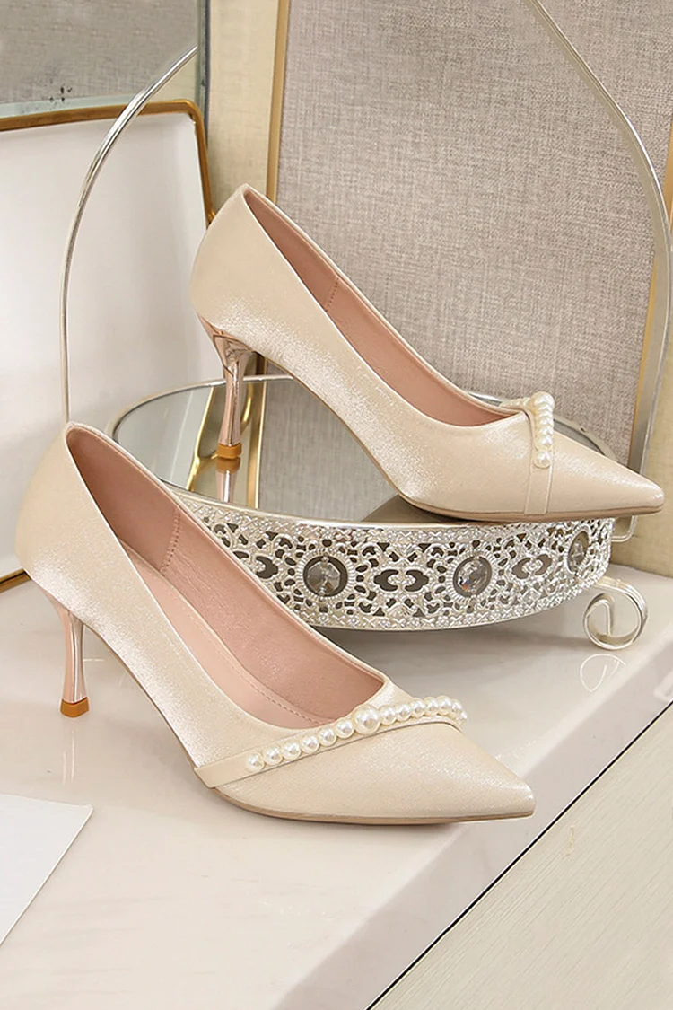 Wedding Beige Satin Pointed Toe Beaded High Heel Pumps