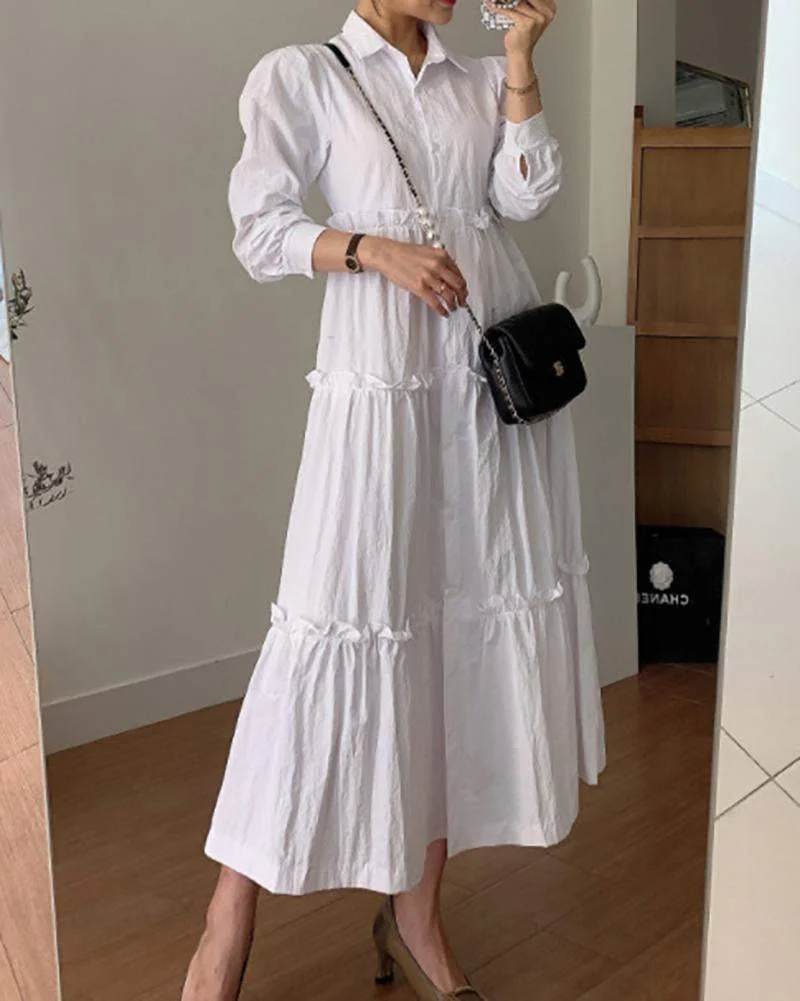 Solid color dress with lapel long sleeves