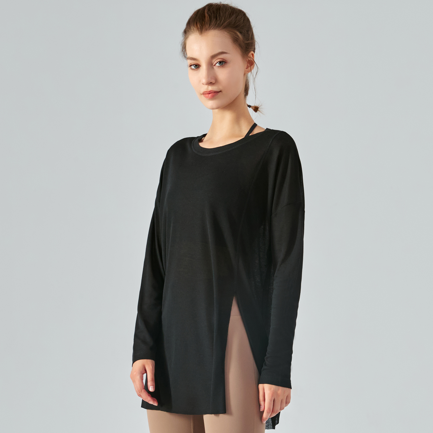 Hergymclothing Black ladies see through long style tencel skin friendly sustainable loose cool smooth gym t shirt smock for sale