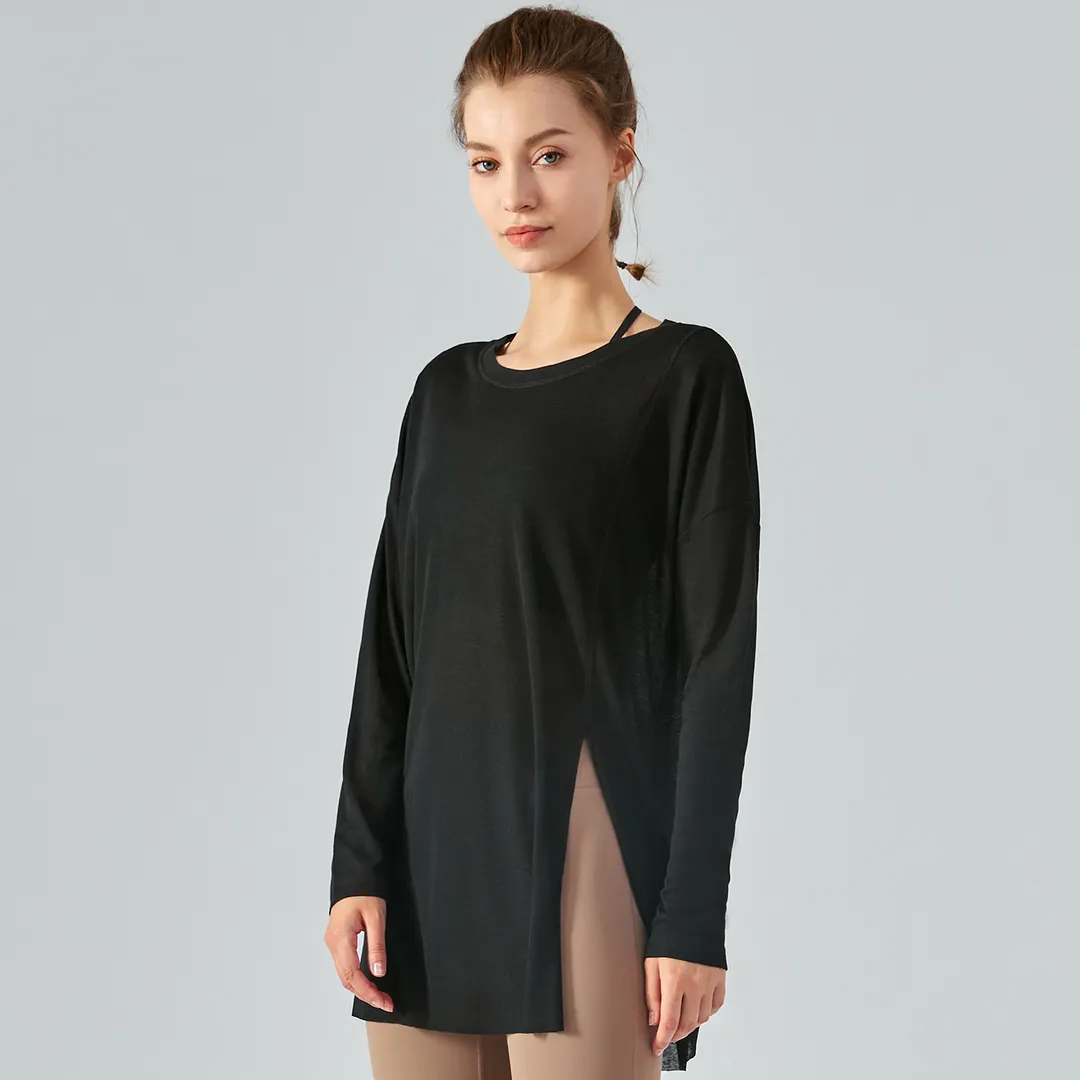Hergymclothing Black ladies see through long style tencel skin friendly sustainable loose cool smooth gym t shirt smock for sale