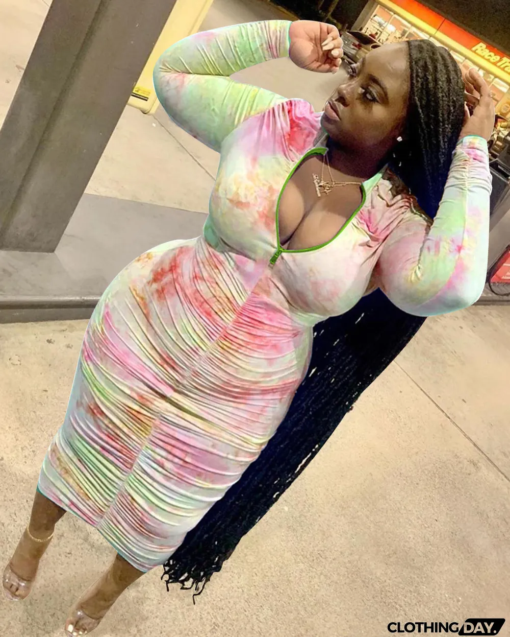 Plus Size Printed Ruched Zipper Midi Dress