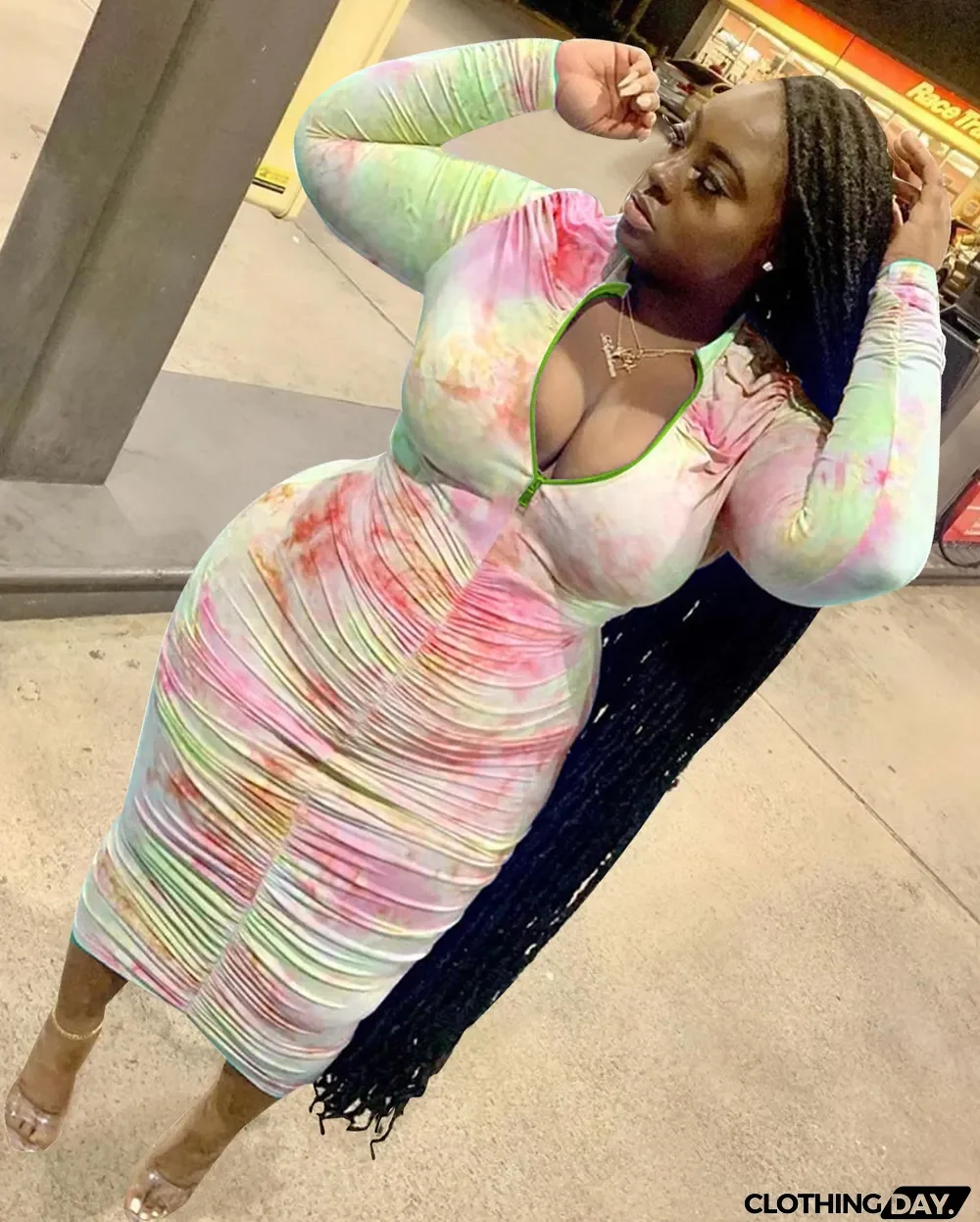 Plus Size Printed Ruched Zipper Midi Dress