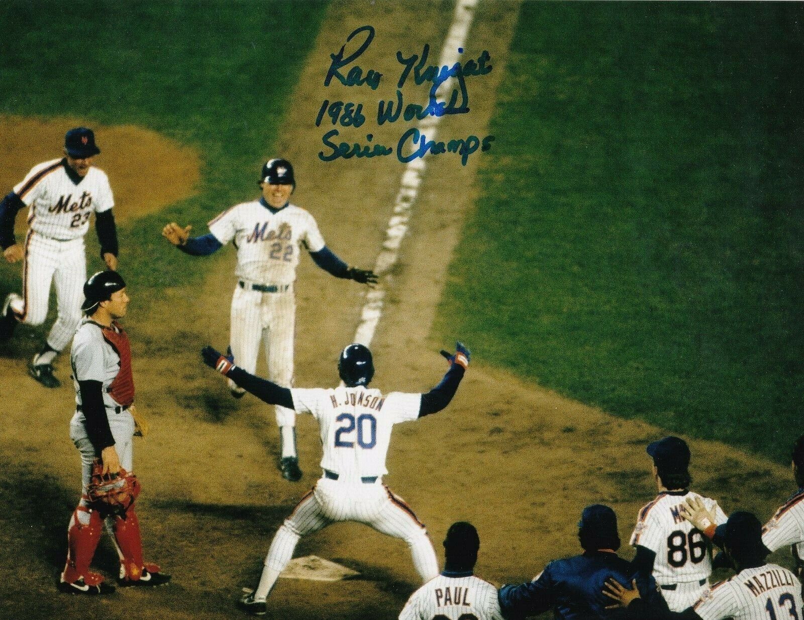 RAY KNIGHT NEW YORK METS 1986 WORLD SERIES CHAMPS ACTION SIGNED 8x10