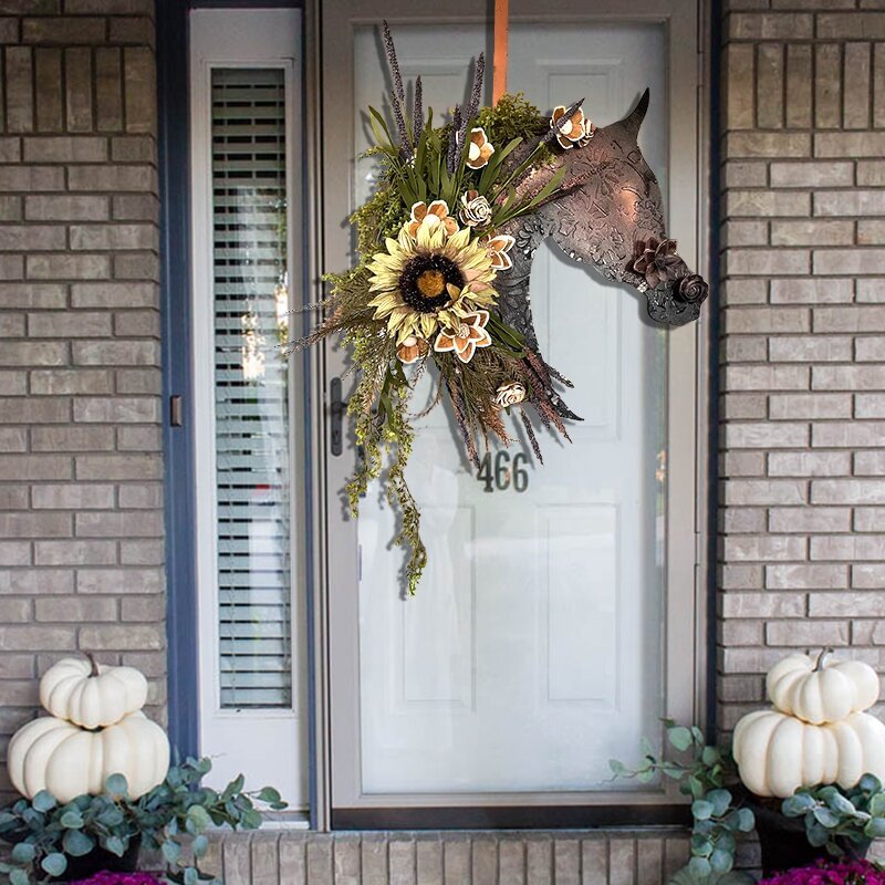 Autumn equestrian wooden flower door hanger- Entry Way Wall Hanger