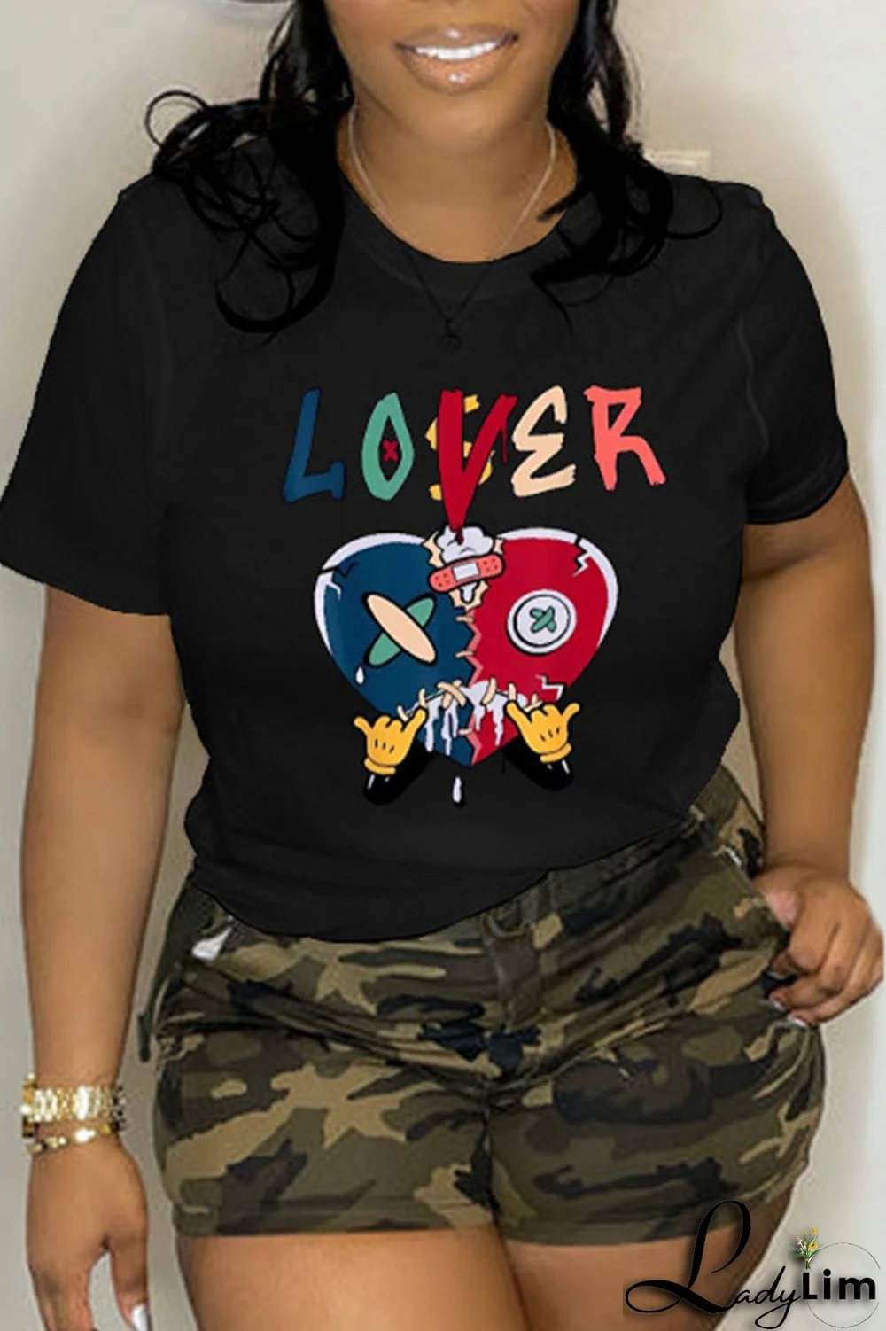 Red Casual Street Print Patchwork O Neck T-Shirts