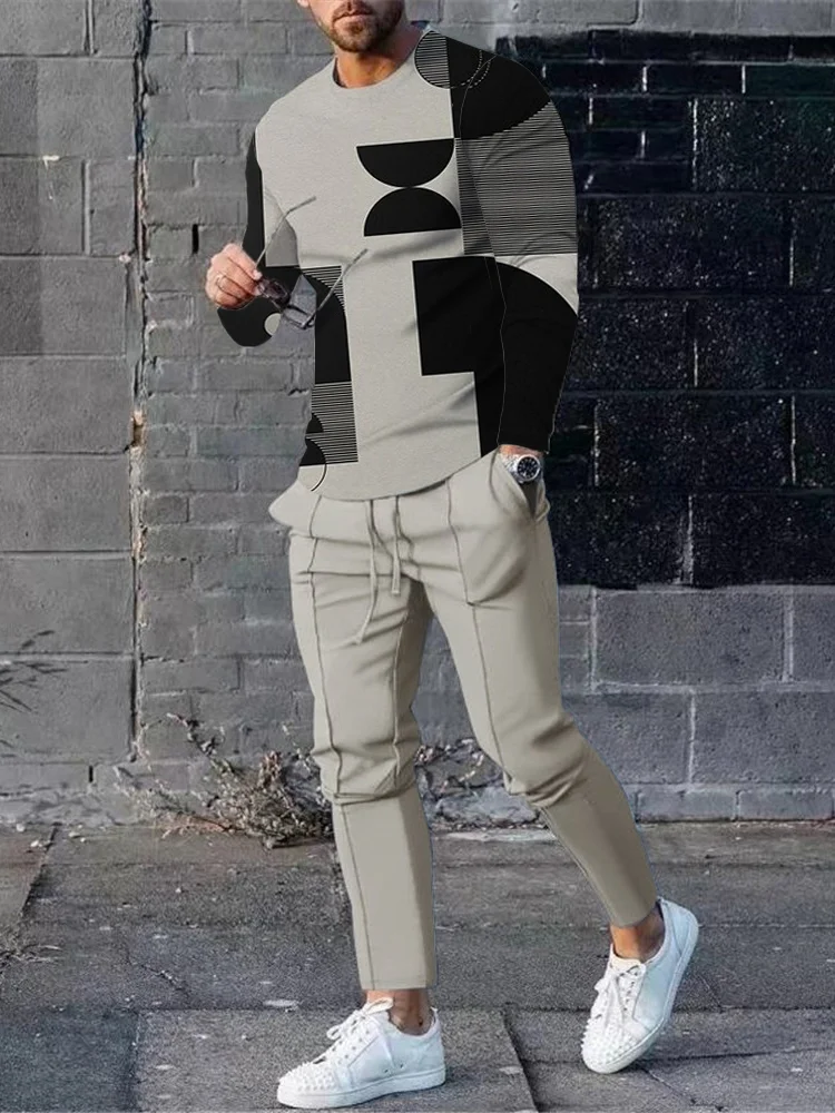 Men's fashion casual gray print long sleeve two-piece set