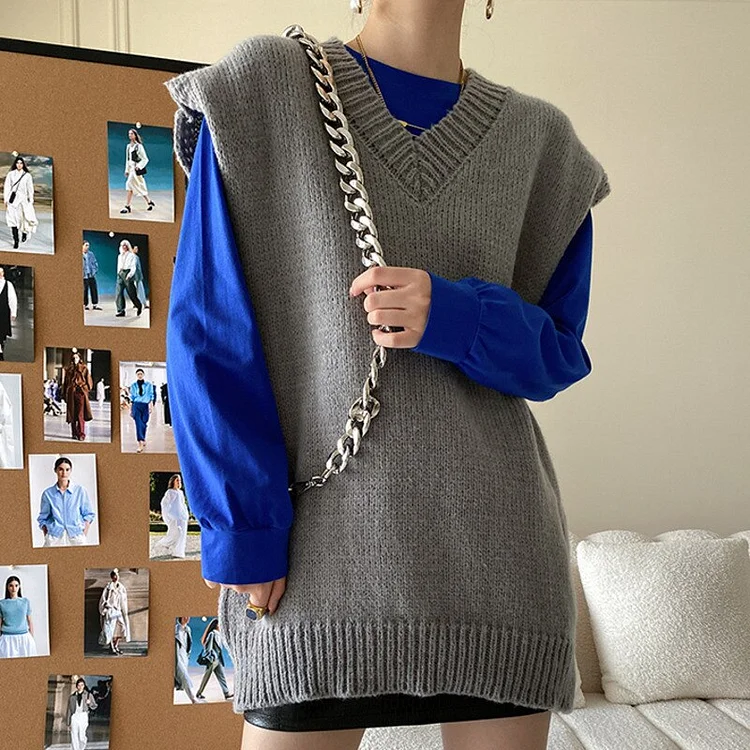 Simple Loose Solid Color V-neck Knitted Vest