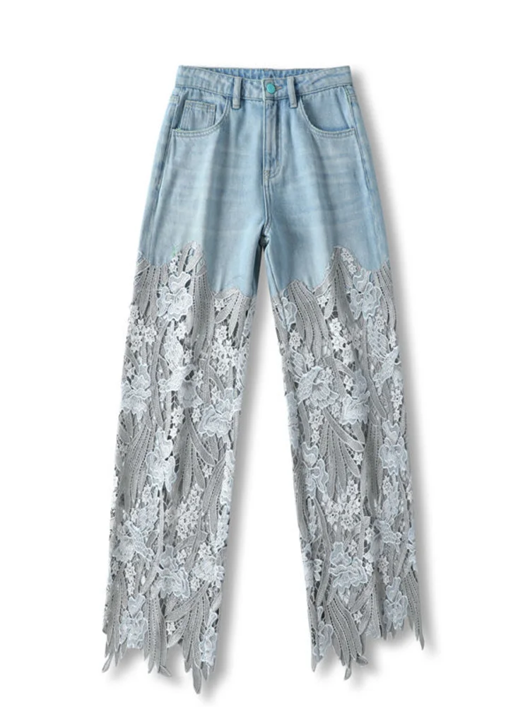 Jangj Elegant Jeans For Women High Waist Lace Splicing Hollow Out Irregular Pantalones De Mujer Casual Slim Denim Long Pants