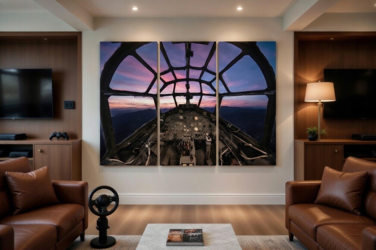 3-Piece Set Vintage WWII Bomber Cockpit Over Mountain Sunset Canvas Wall Art