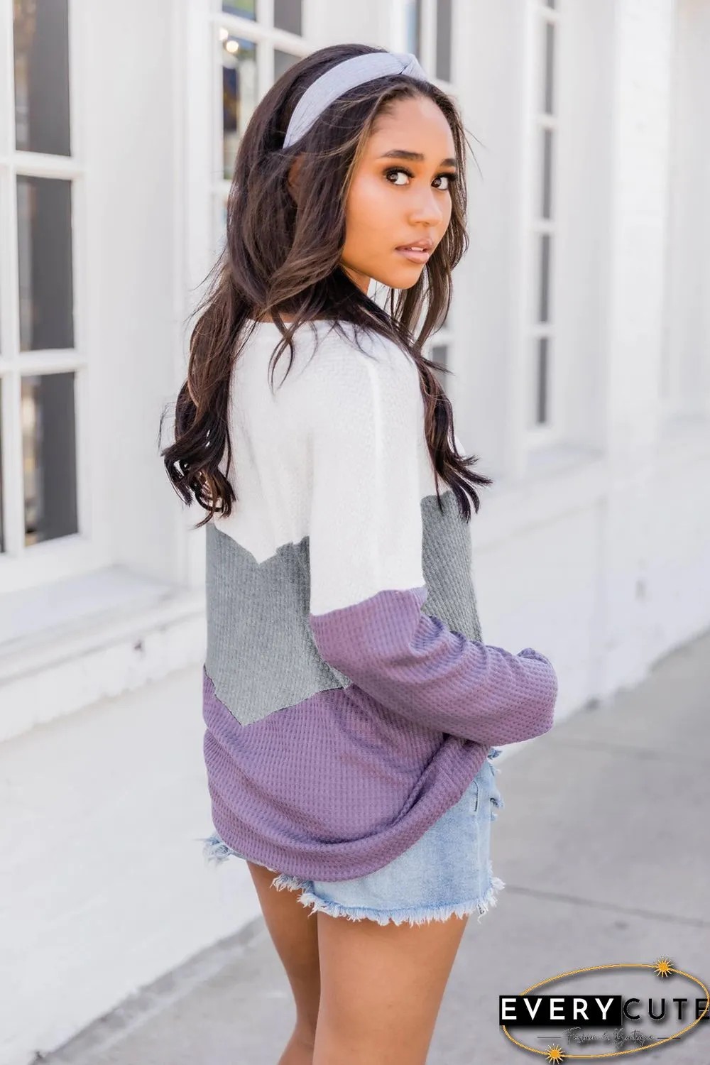 Purple Chevron Waffle Colorblock Pullover Sweatshirt