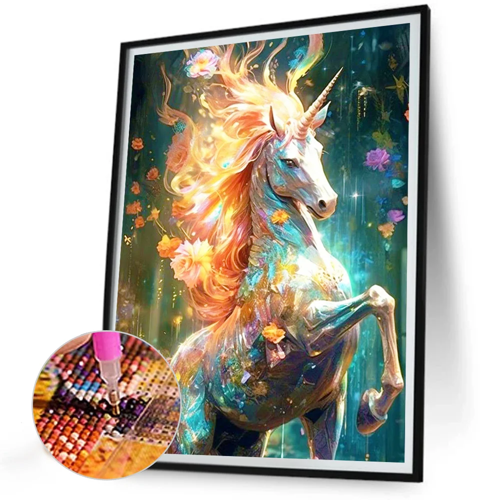 Full Round Diamond Painting 30*40cm - Flowers And Forest Unicorns