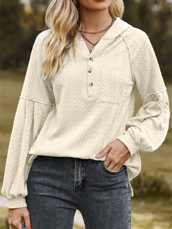 Women's Pockets Solid Color Stitching Long Sleeve V-neck Top