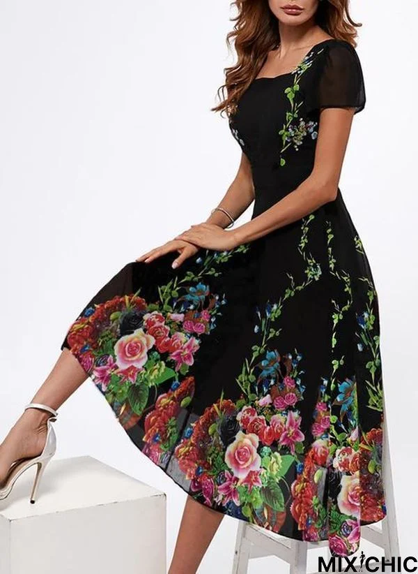 Casual Floral Square Neck Long Sleeve Dress