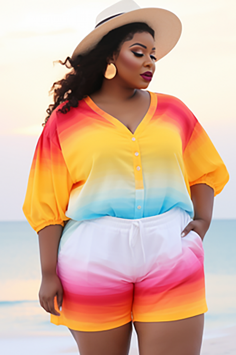 Design Plus Size Beach Casual Multicolor Gradient V Neck Lantern Sleeve Half Sleeve Button Pocket Two Piece Short Sets [Pre-Order]