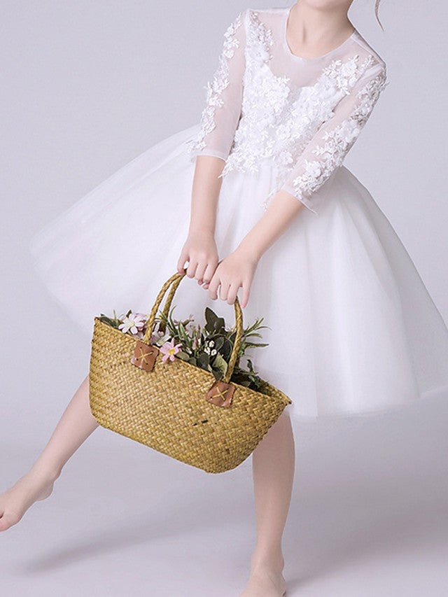 Oknass Half Sleeve Jewel Neck Knee Length Flower Girl Dress With Appliques