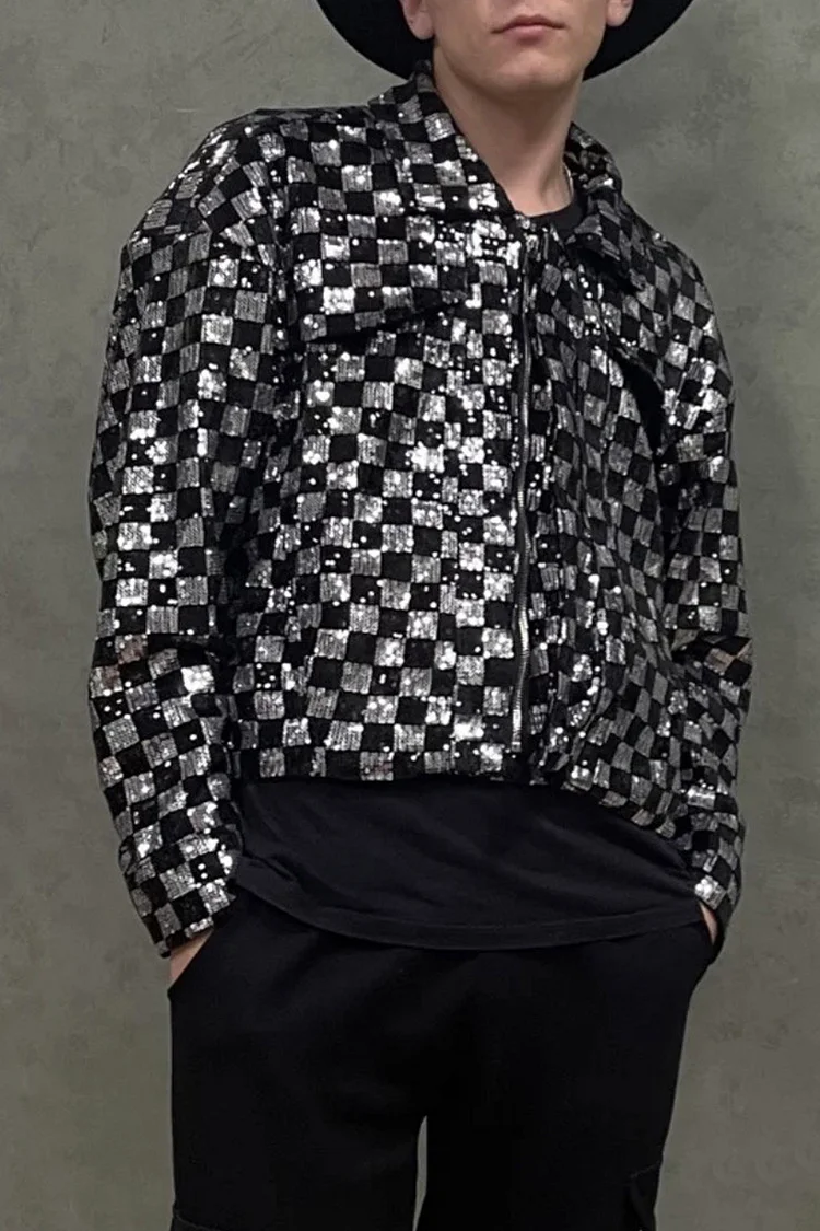 Unisex Plaid Sequin Zipper Black And White Jacket [Pre-Order]