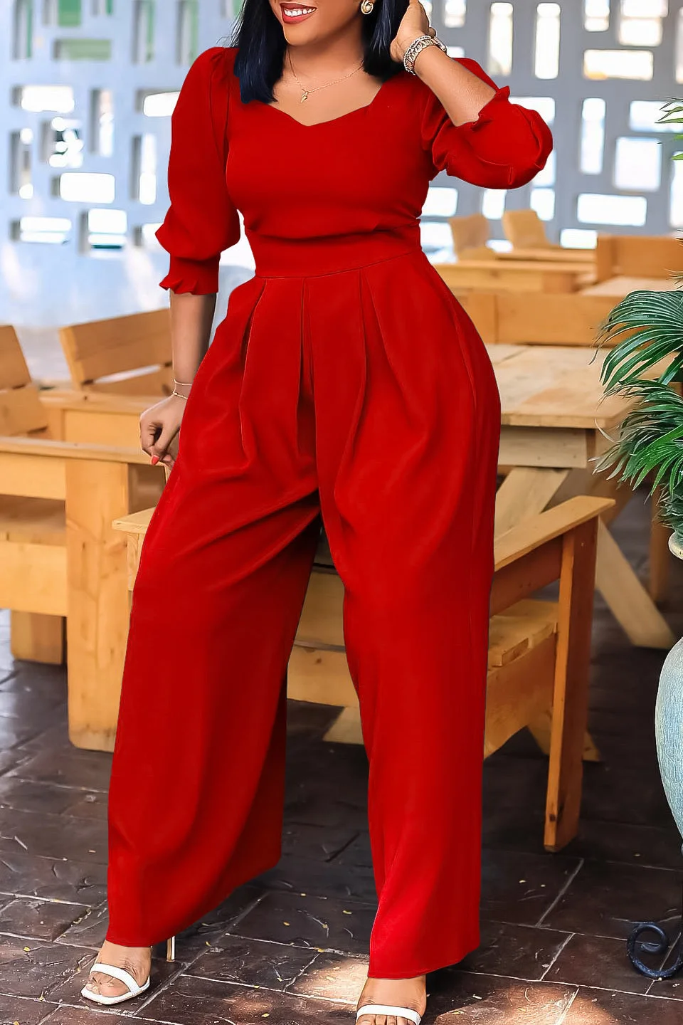 Long Sleeve Solid Color Wide Leg Jumpsuit