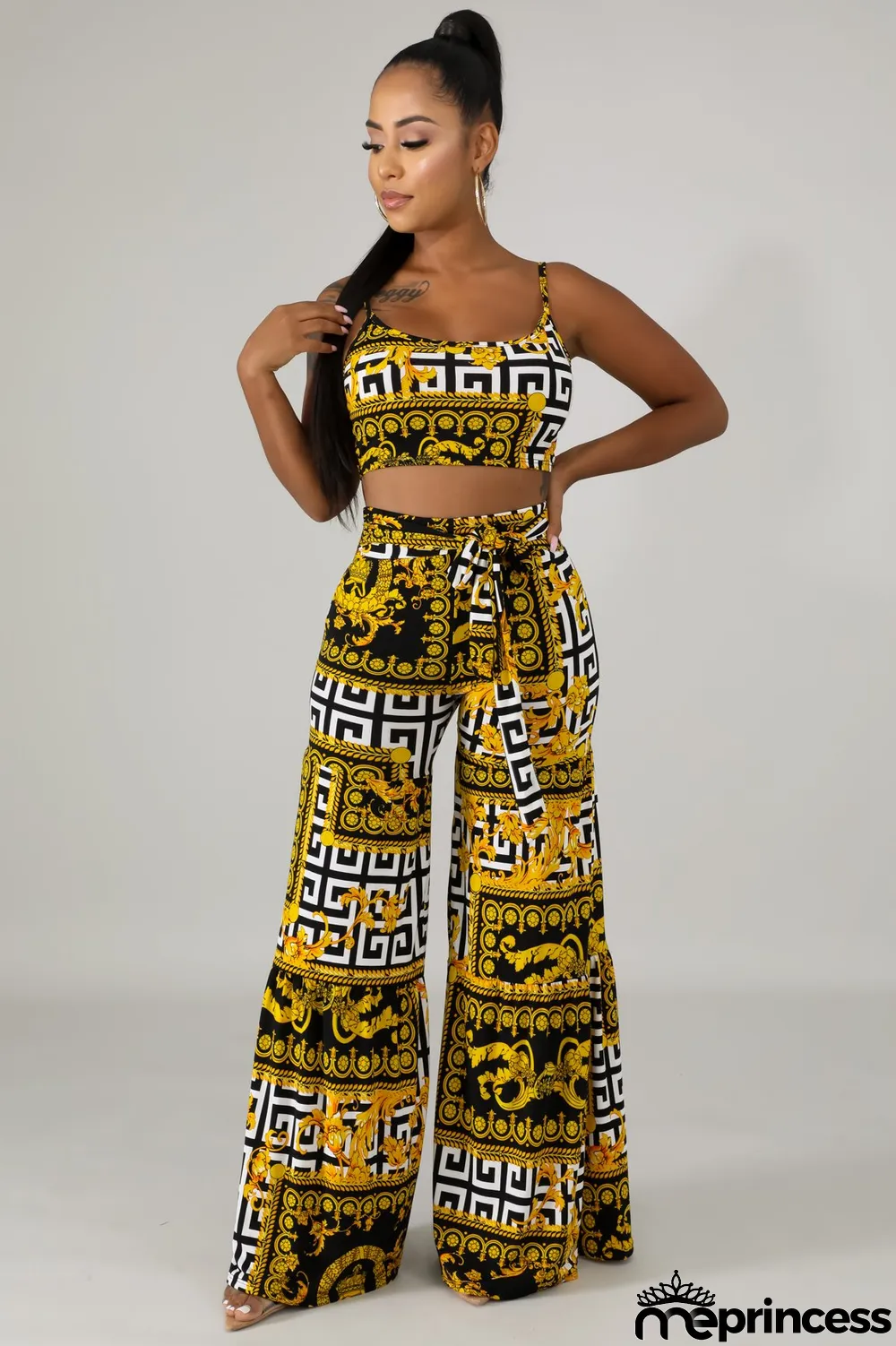 Print Retro Straps Crop Top and High Waist Trousers