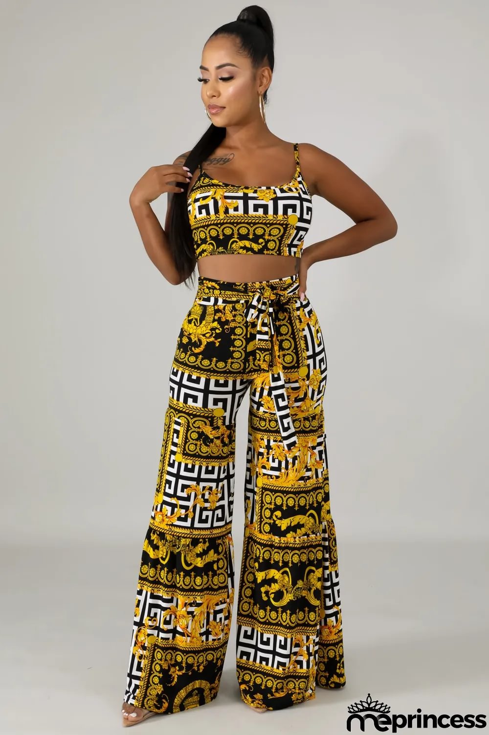 Print Retro Straps Crop Top and High Waist Trousers