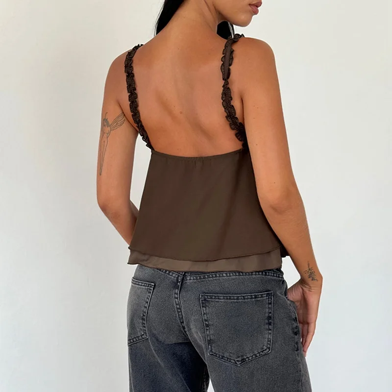Spaghetti Strap Chiffon Vest Bow Front Ruffled Camisole Women Sweet Crop Tops