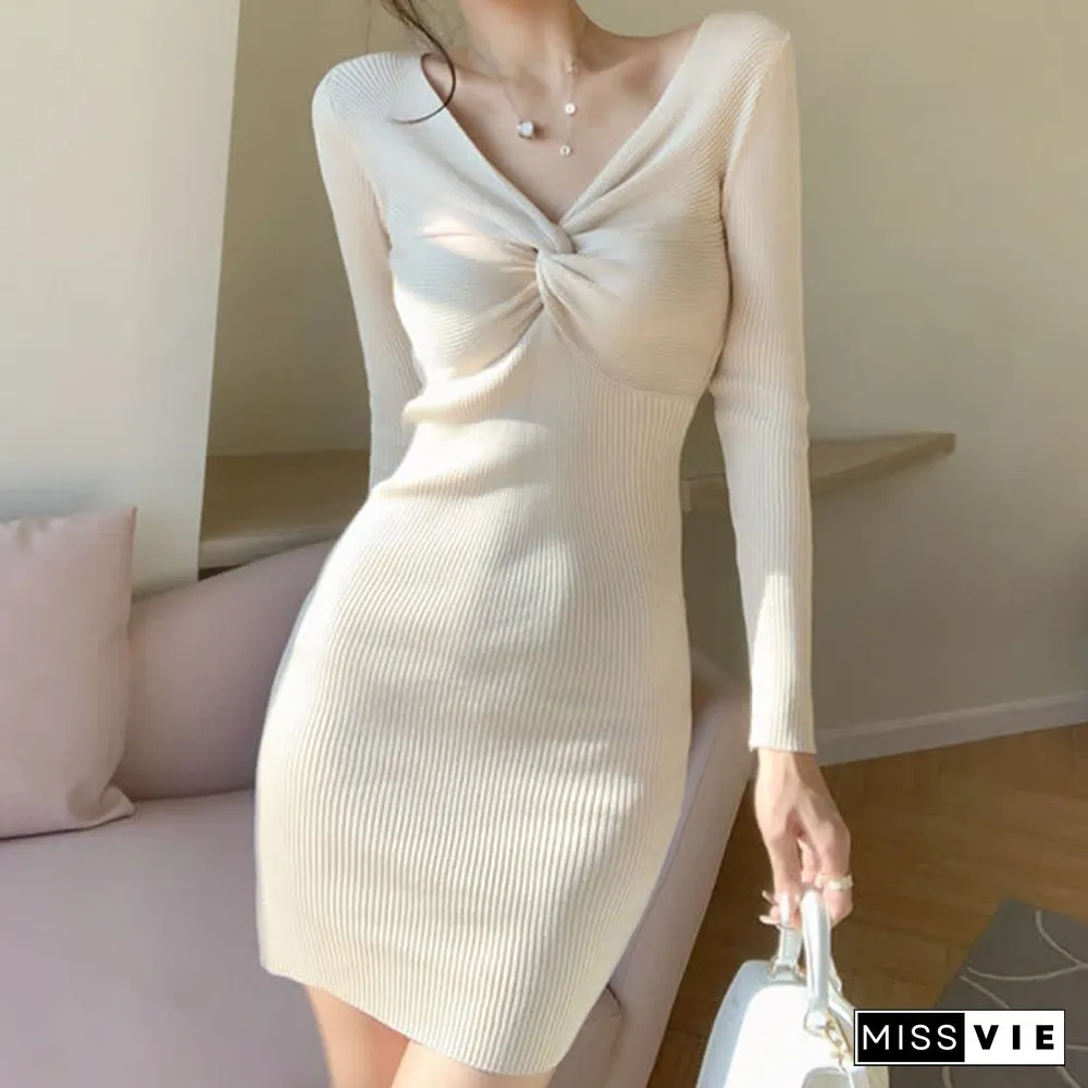 Pure Color V-neck Slim Knit Sweater Dress