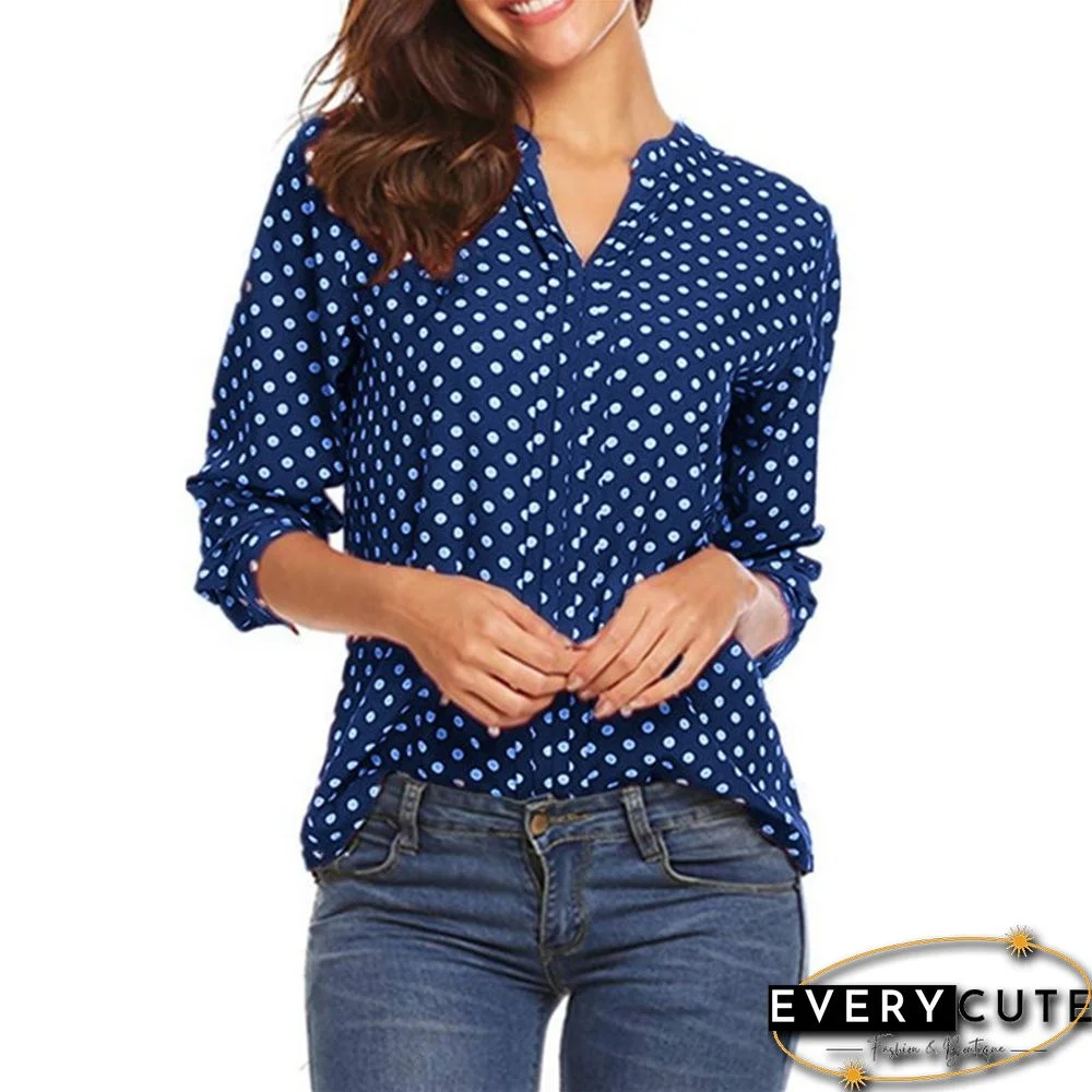 Navy Blue Polka Dot V Neck Long Sleeve Chiffon Top