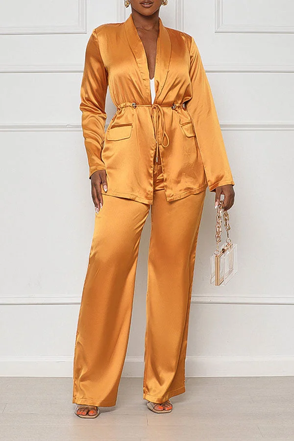 Fasheicon Solid Color Laid Back Drawstring Pant Suit