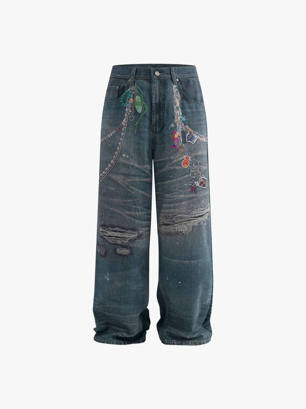 Blue Act Chic Ripped 3D Chain Print Baggy Jeans Front