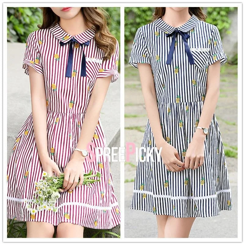 Red/Navy Collared Pineapple Stripped Dress SP1710382