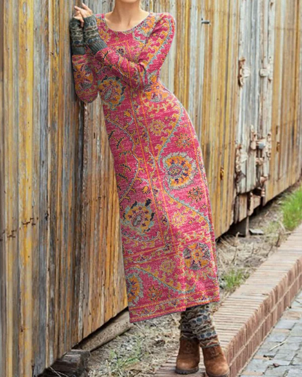 Vintage Bohemian Southwestern Print Long Sleeve Crew Neck Dress