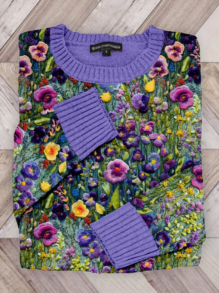 VChics Elegant Violet Wildflower Embroidery Art Comfy Knit Sweater