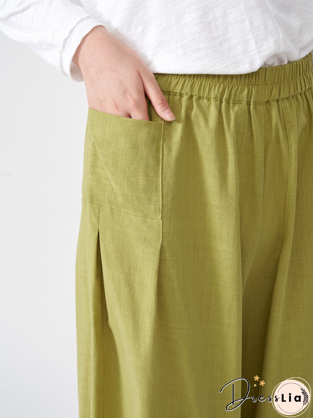 Women Solid Dual Pocket Elastic Waist Wide Leg Pants