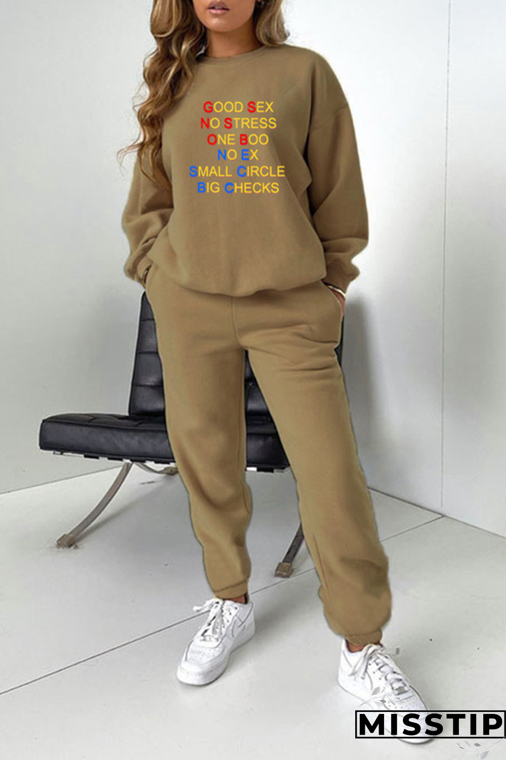 Dark Green Street Print Letter O Neck Long Sleeve Two Pieces