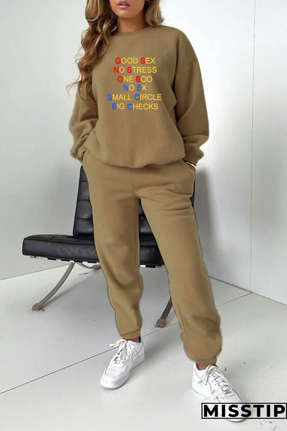 Dark Green Street Print Letter O Neck Long Sleeve Two Pieces