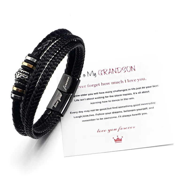 To My Grandson Love You Forever Multi-Layered Woven Leather Bracelet