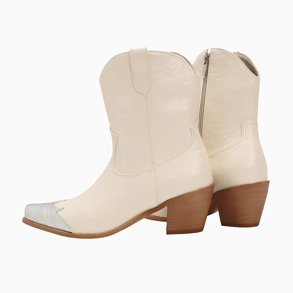 Ivory & Silver Snip Toe Chunky Heel Side Zipper Cowgirl Boots