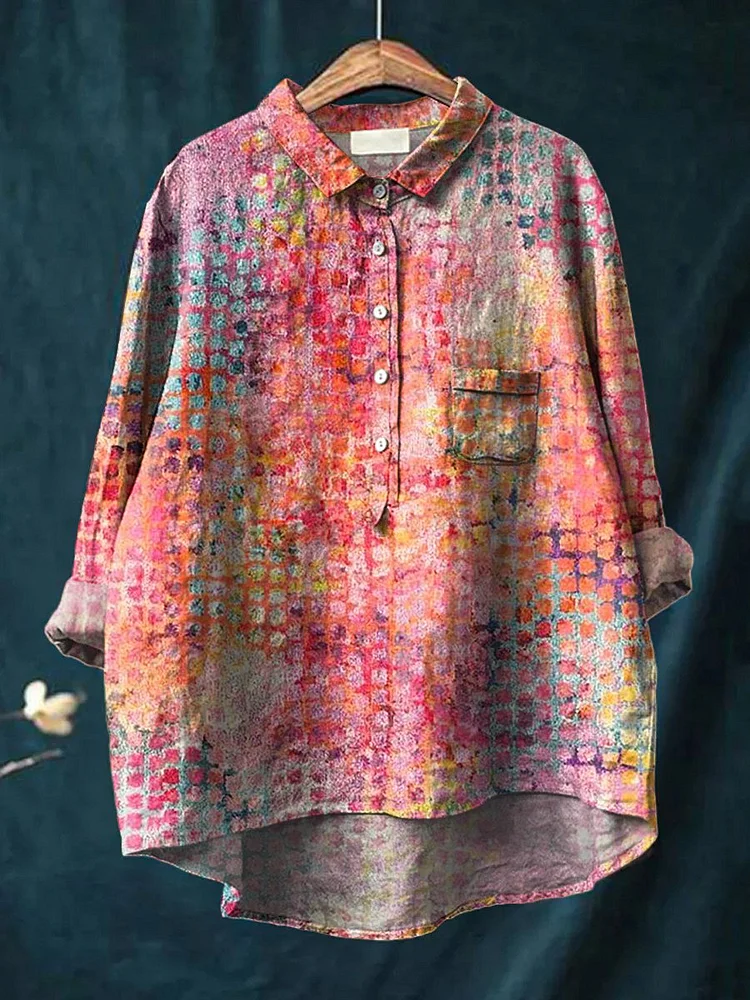 Abstract Geometric Pattern Printed Womens Casual Cotton And Linen Shirt