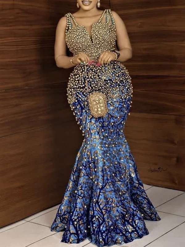 Beaded Printed Shiny Solid Color Empire Sleeveless V-neck Maxi Dresses