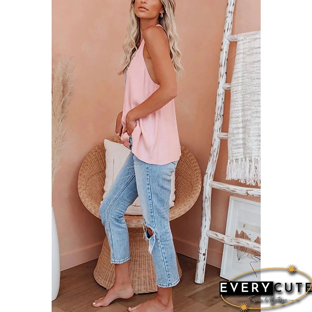 Pink V Neck Lace Detail Open Back Tank Top