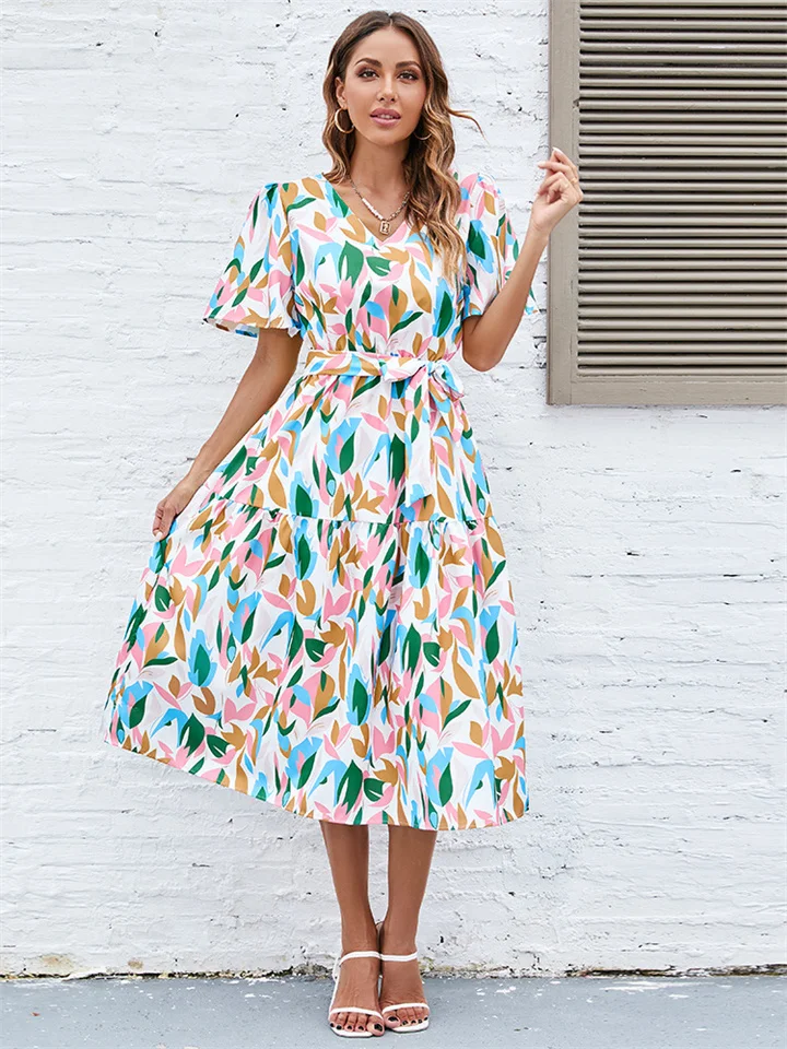 Bubble Sleeve V-Neck Strapping High Waist Long Dress
