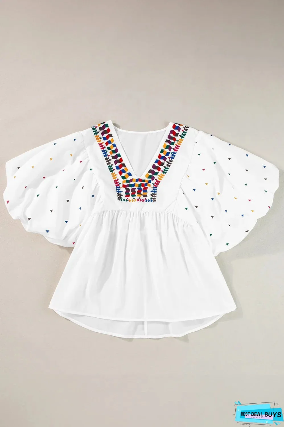 Printed V-Neck Puff Sleeve Blouse