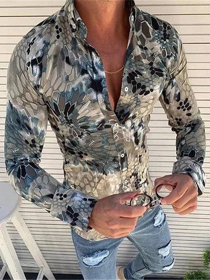 Long-sleeved men's casual shirt with fish scale pattern and flower lapel