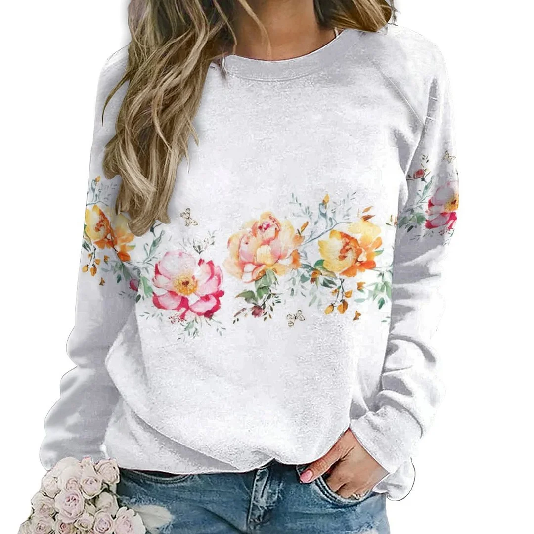 Printed Long Sleeve Casual Sweatshirt for  Women and Men Unisex Pattern Floral, Yellow, Pink