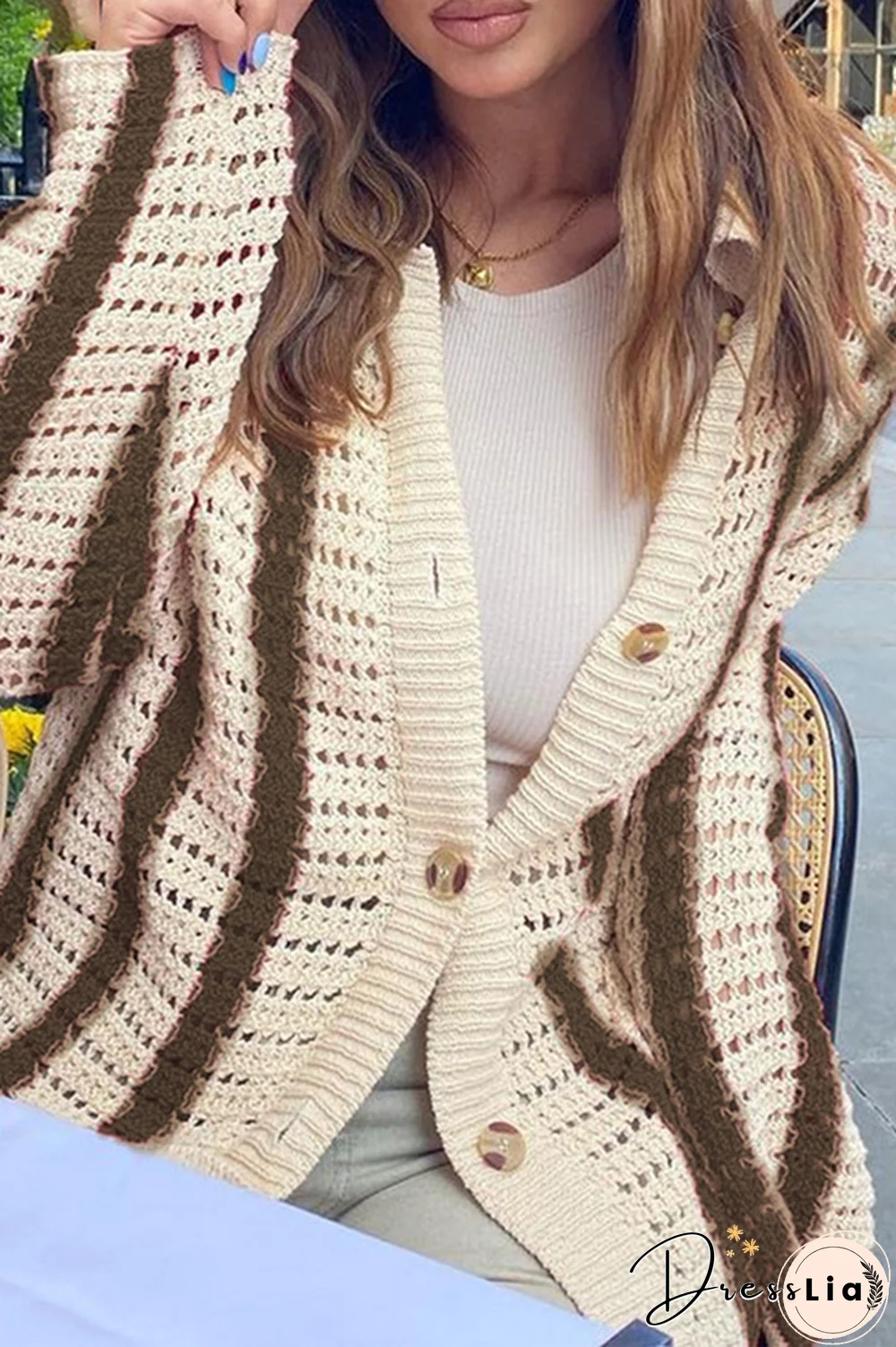 Fashion Street Striped Split Joint Buckle Turndown Collar Tops