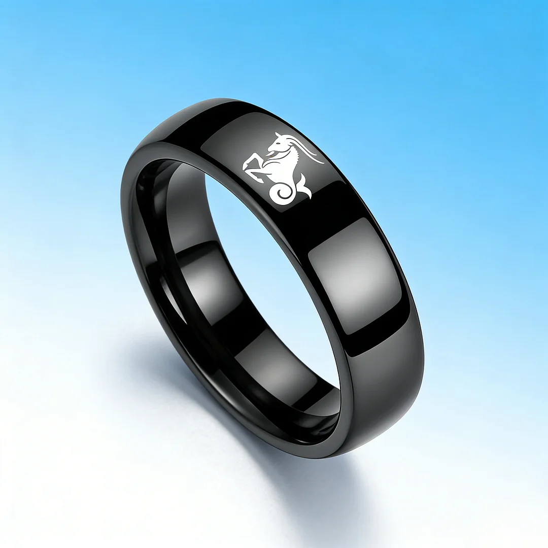 4MM 6MM 8MM Width Black Capricorn Tungsten Carbide Rings Prints Laser Design Domed Top Tungsten Wedding Band