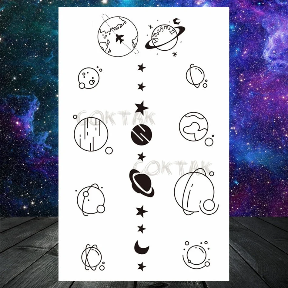 Lovely Small Planets Temporary Tattoos Realistic Sheets Body Art Arm Tattoos Paper For Adult Kids Fake Waterpoof Tattoo Sticker