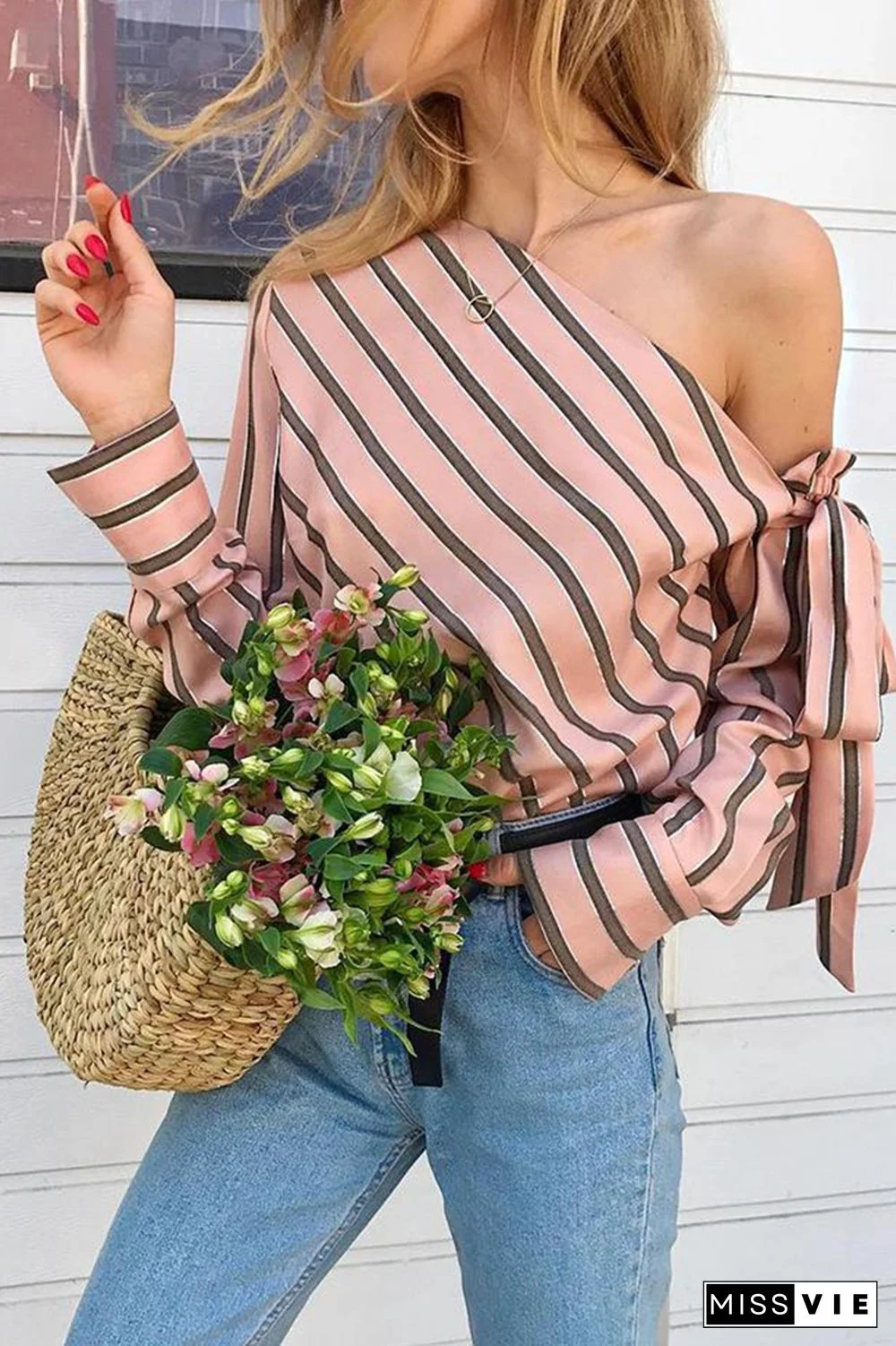 Daily Striped Patchwork One Shoulder Tops