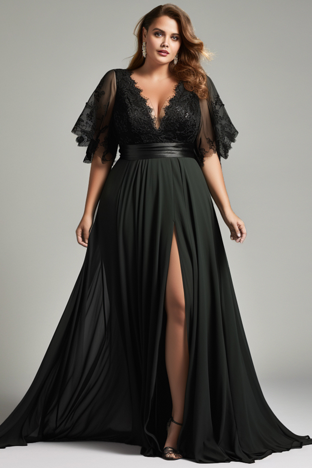 Flycurvy Plus Size Wedding Guest Black Chiffon Lace Deep V Neck Split Flutter Sleeve Maxi Dress