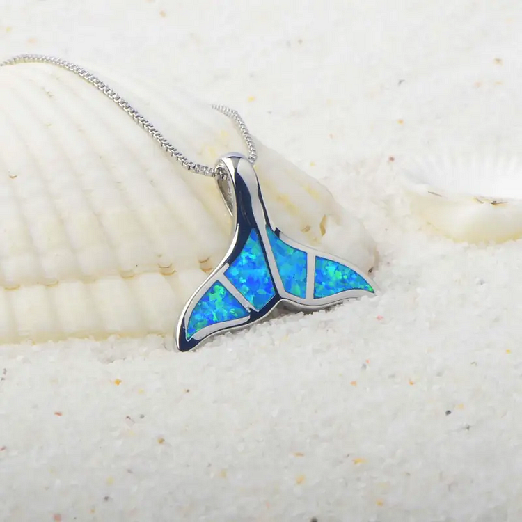 Ocean Style Blue Opal Whale Tail Pendant Necklace Adjustable Copper Neck Chain Jewelry